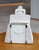 Elegant Crocodile-Embossed White Handbag with Wooden Handle & Modern Buckle Detail